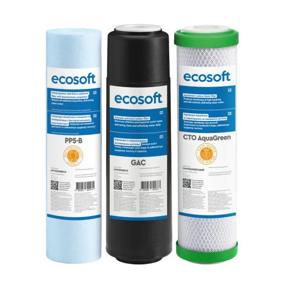 Улучшенный комплект картриджей Ecosoft 1-2-3 для фильтров обратного осмоса с функцией экономии воды (CHV3ECOAGR) продажа