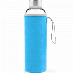 Стеклянная спортивная бутылка с чехлом, синяя
