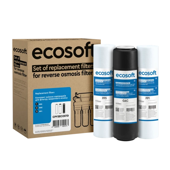 Комплект картриджів Ecosoft 1-2-3 для фільтрів зворотного осмосу (CPV3ECOSTD) цiна
